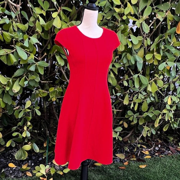 Little Red Dress Knit A Line Ribbed Bodice Cap Sleeve - Picture 1 of 15